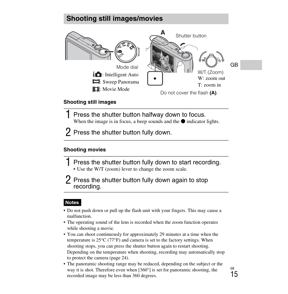 Shooting still images/movies | Sony DSC-H90 User Manual | Page 15 / 52