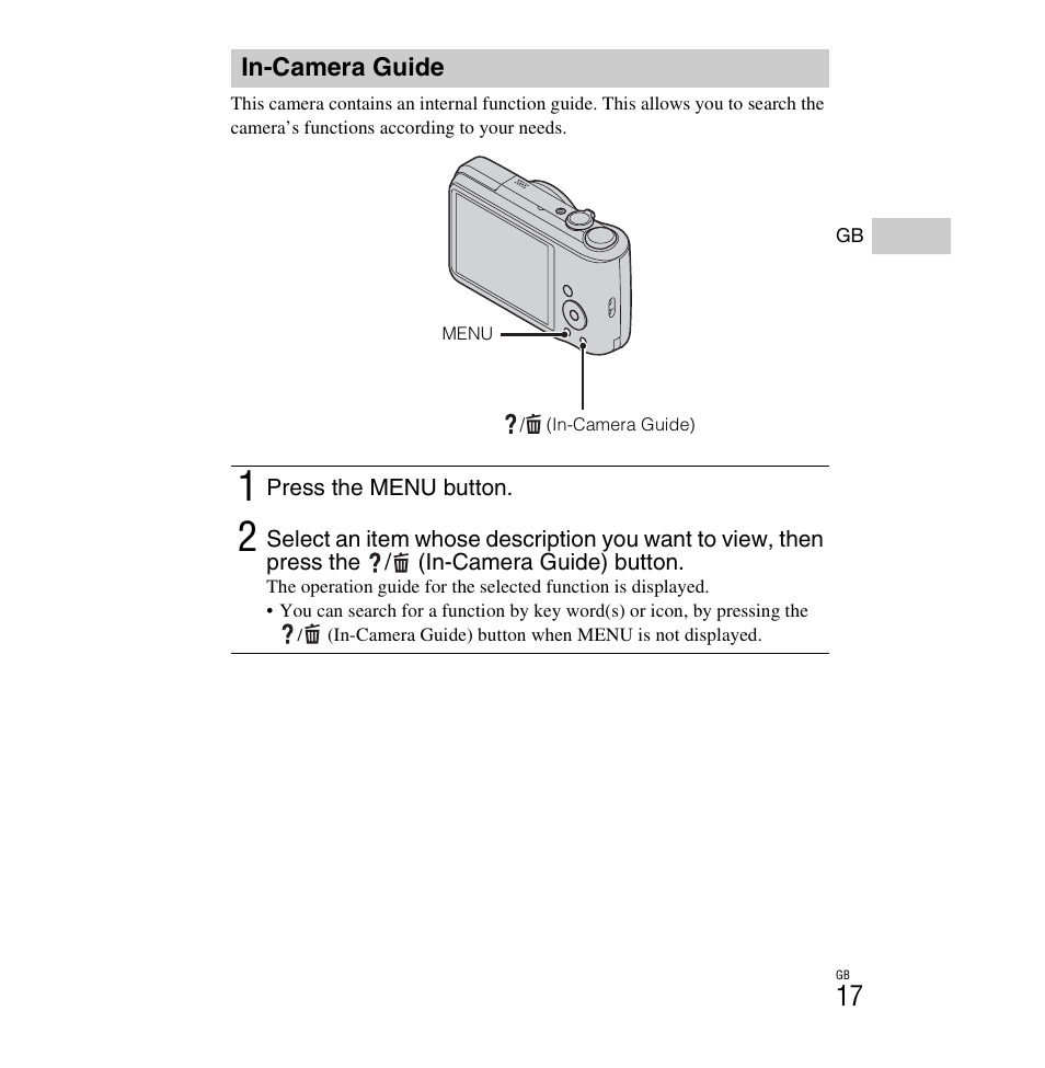 In-camera guide | Sony DSC-H90 User Manual | Page 17 / 52