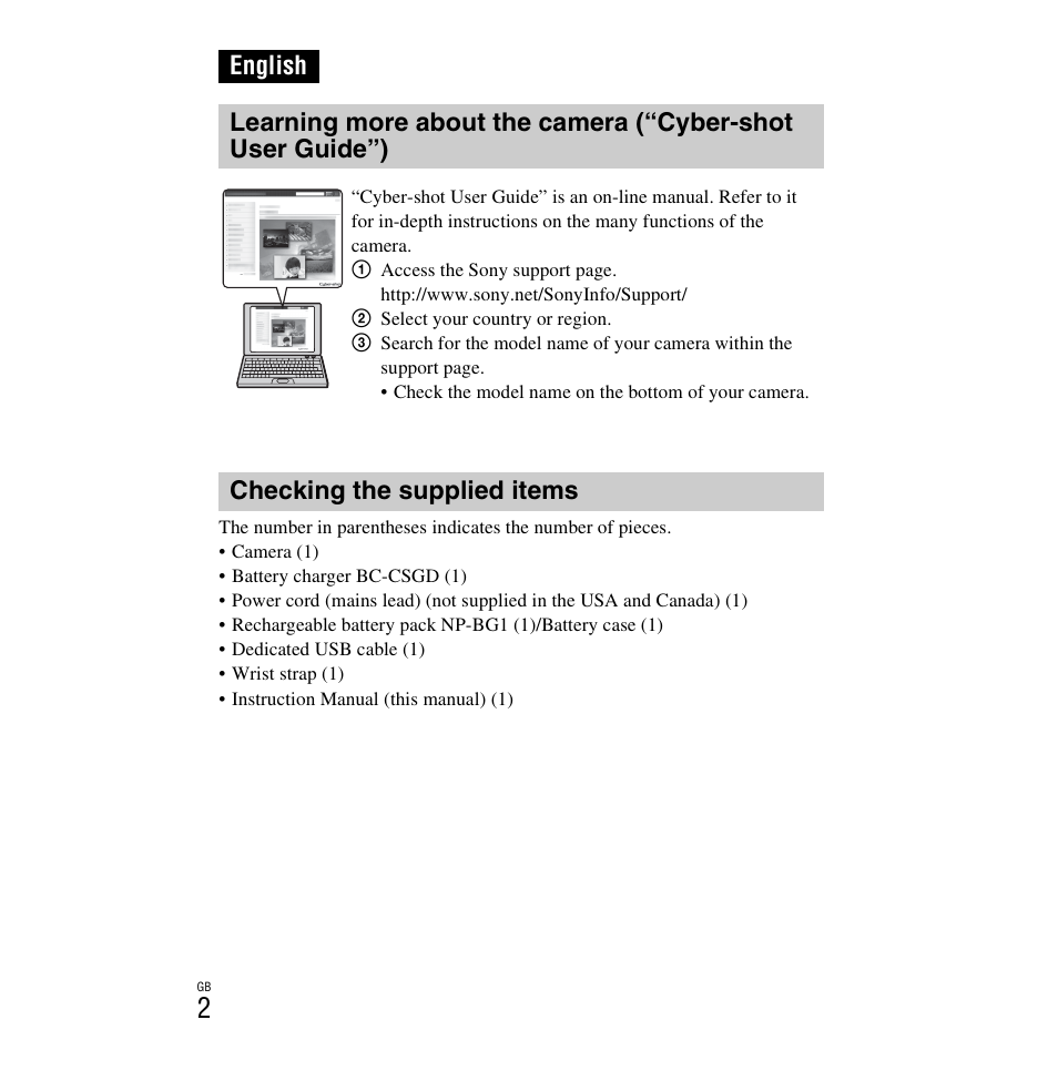 English, Checking the supplied items | Sony DSC-H90 User Manual | Page 2 / 52