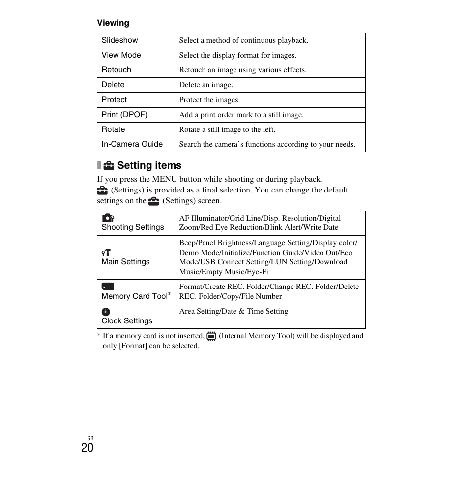 Setting items | Sony DSC-H90 User Manual | Page 20 / 52