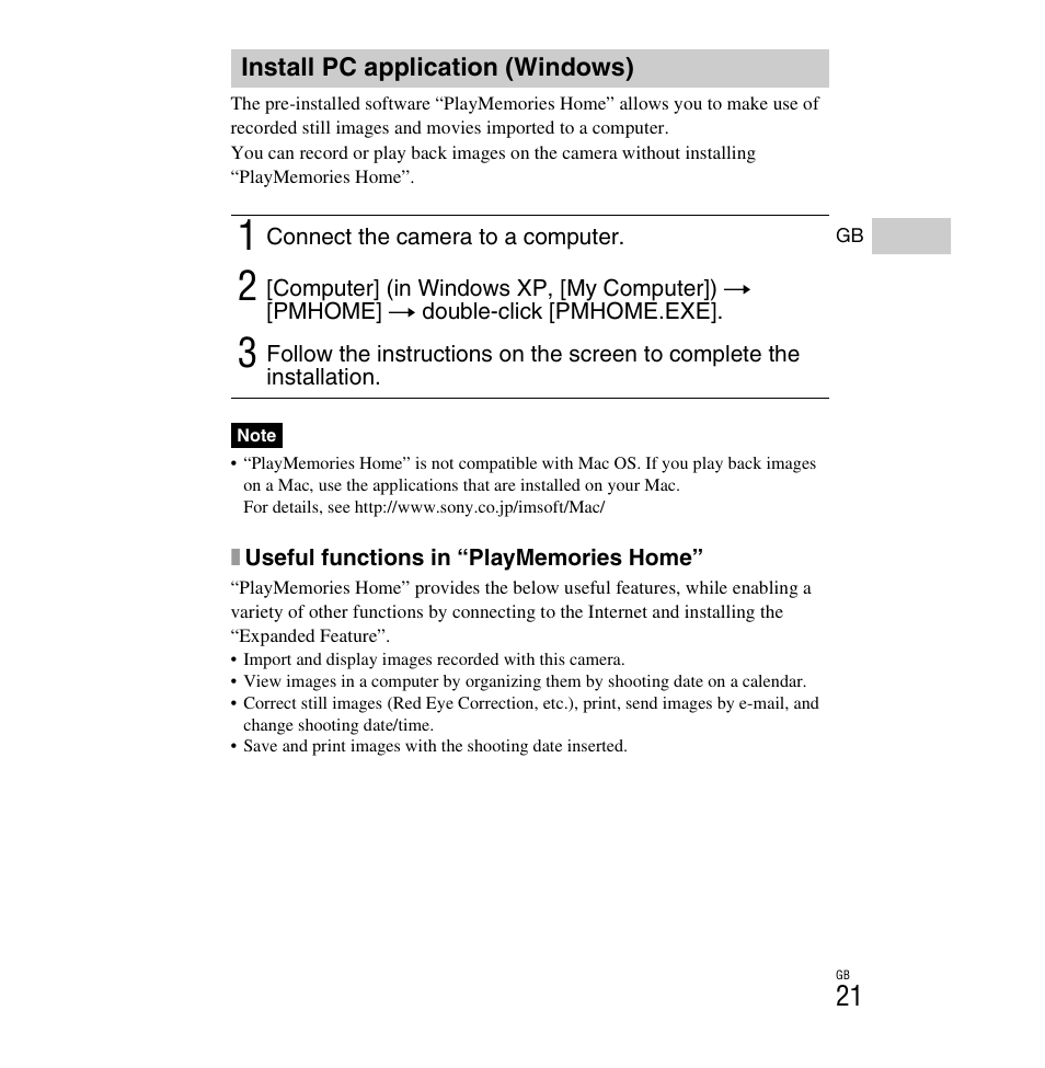 Install pc application (windows) | Sony DSC-H90 User Manual | Page 21 / 52