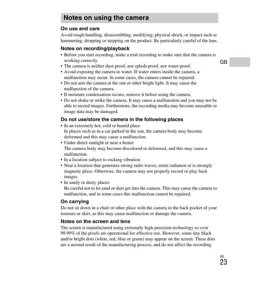 Notes on using the camera | Sony DSC-H90 User Manual | Page 23 / 52