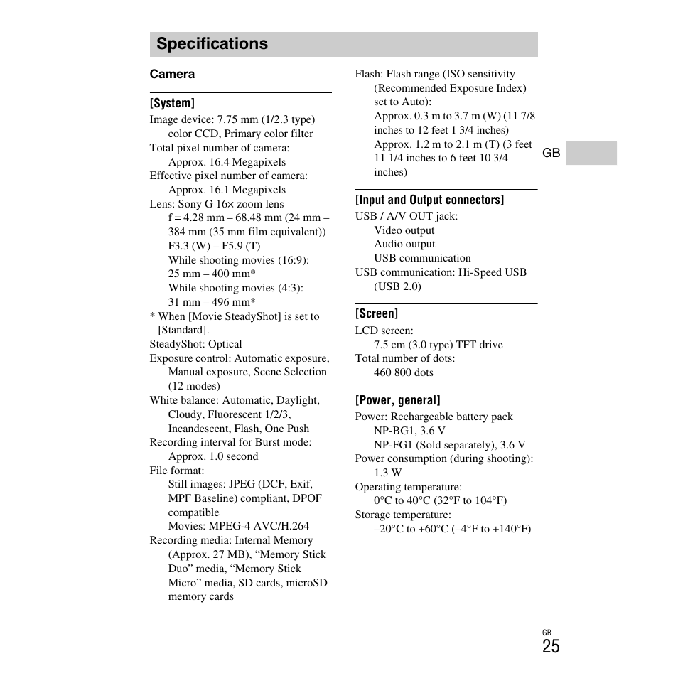 Specifications | Sony DSC-H90 User Manual | Page 25 / 52