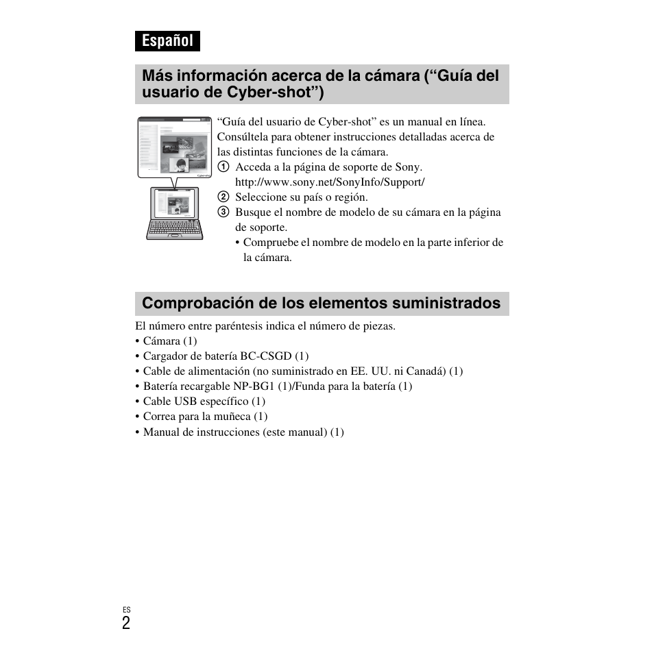 Español, Comprobación de los elementos suministrados | Sony DSC-H90 User Manual | Page 28 / 52