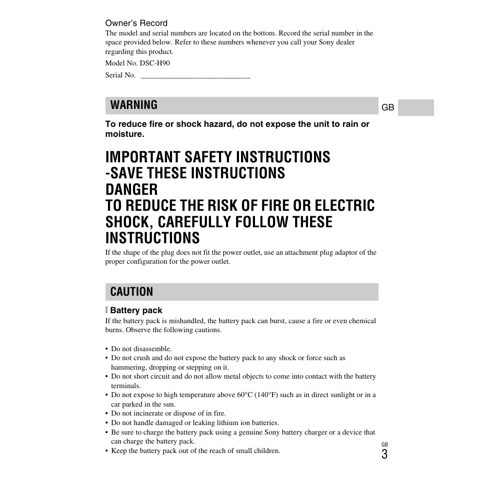Warning caution | Sony DSC-H90 User Manual | Page 3 / 52