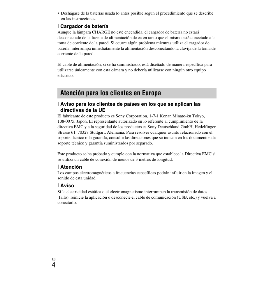 Atención para los clientes en europa | Sony DSC-H90 User Manual | Page 30 / 52