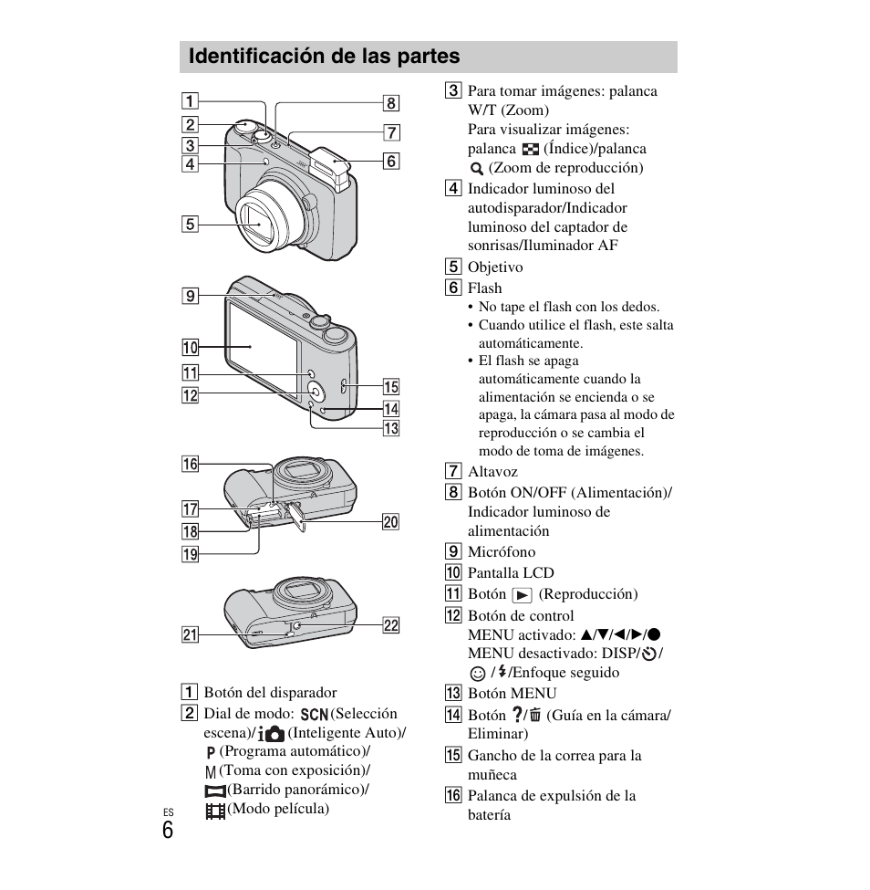 Identificación de las partes | Sony DSC-H90 User Manual | Page 32 / 52