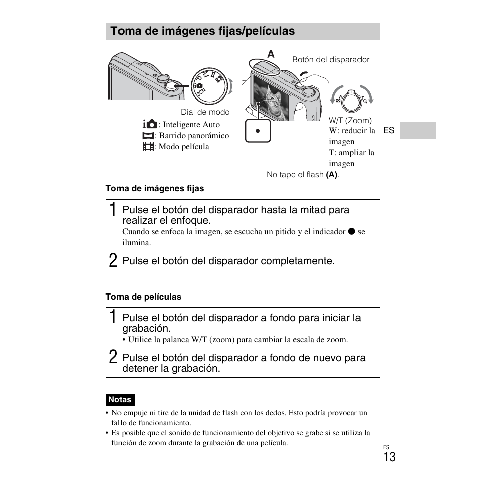 Toma de imágenes fijas/películas | Sony DSC-H90 User Manual | Page 39 / 52