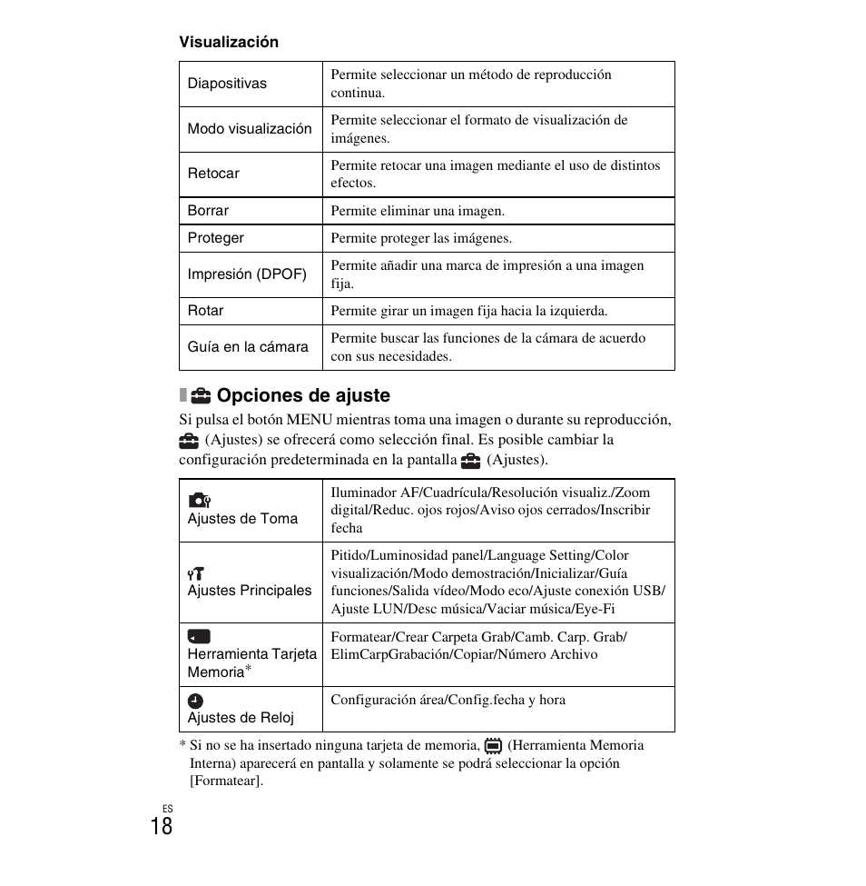 Opciones de ajuste | Sony DSC-H90 User Manual | Page 44 / 52