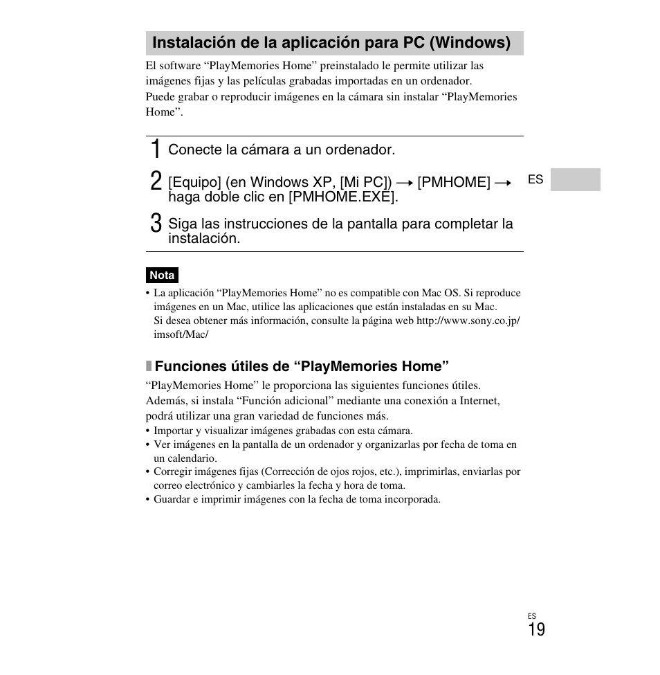 Instalación de la aplicación para pc (windows) | Sony DSC-H90 User Manual | Page 45 / 52