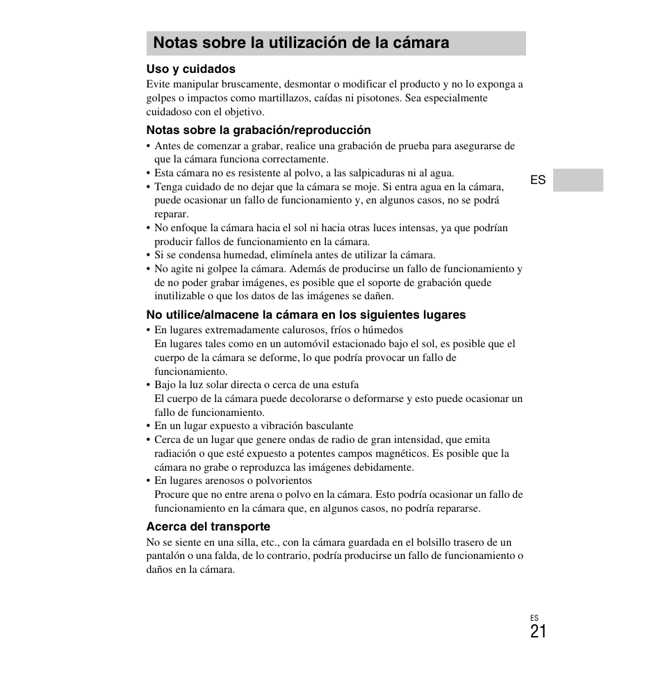 Notas sobre la utilización de la cámara | Sony DSC-H90 User Manual | Page 47 / 52