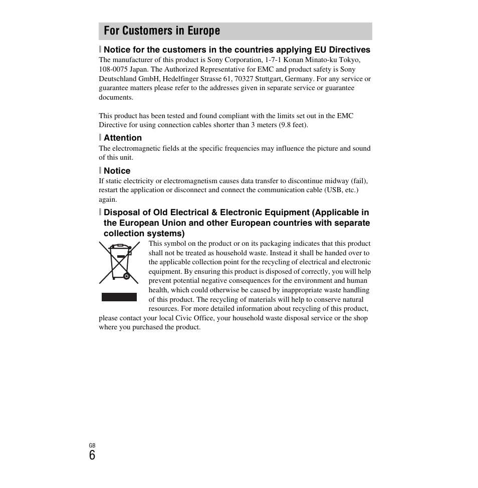 For customers in europe | Sony DSC-H90 User Manual | Page 6 / 52