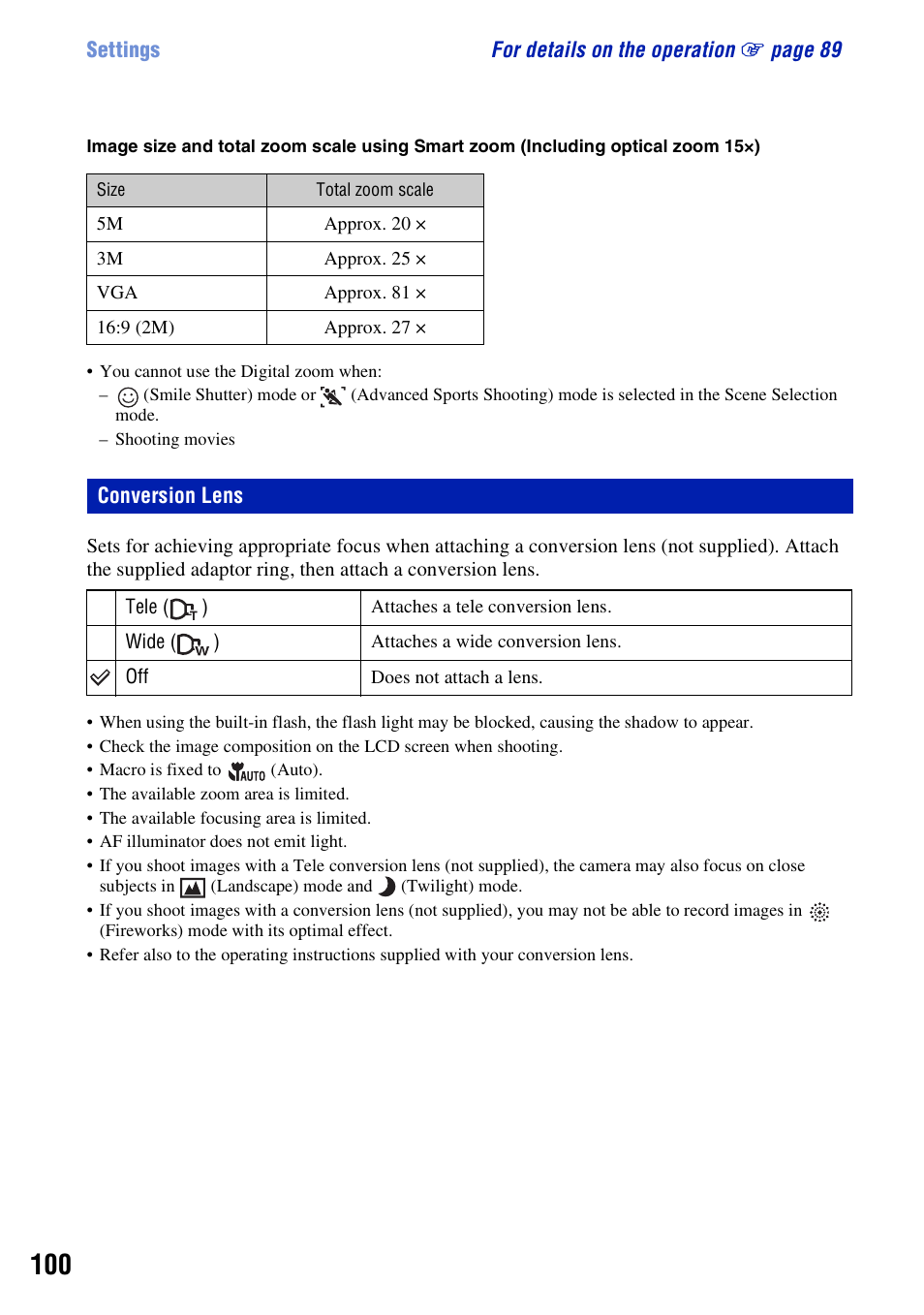 Conversion lens | Sony DSC-H50 User Manual | Page 100 / 154