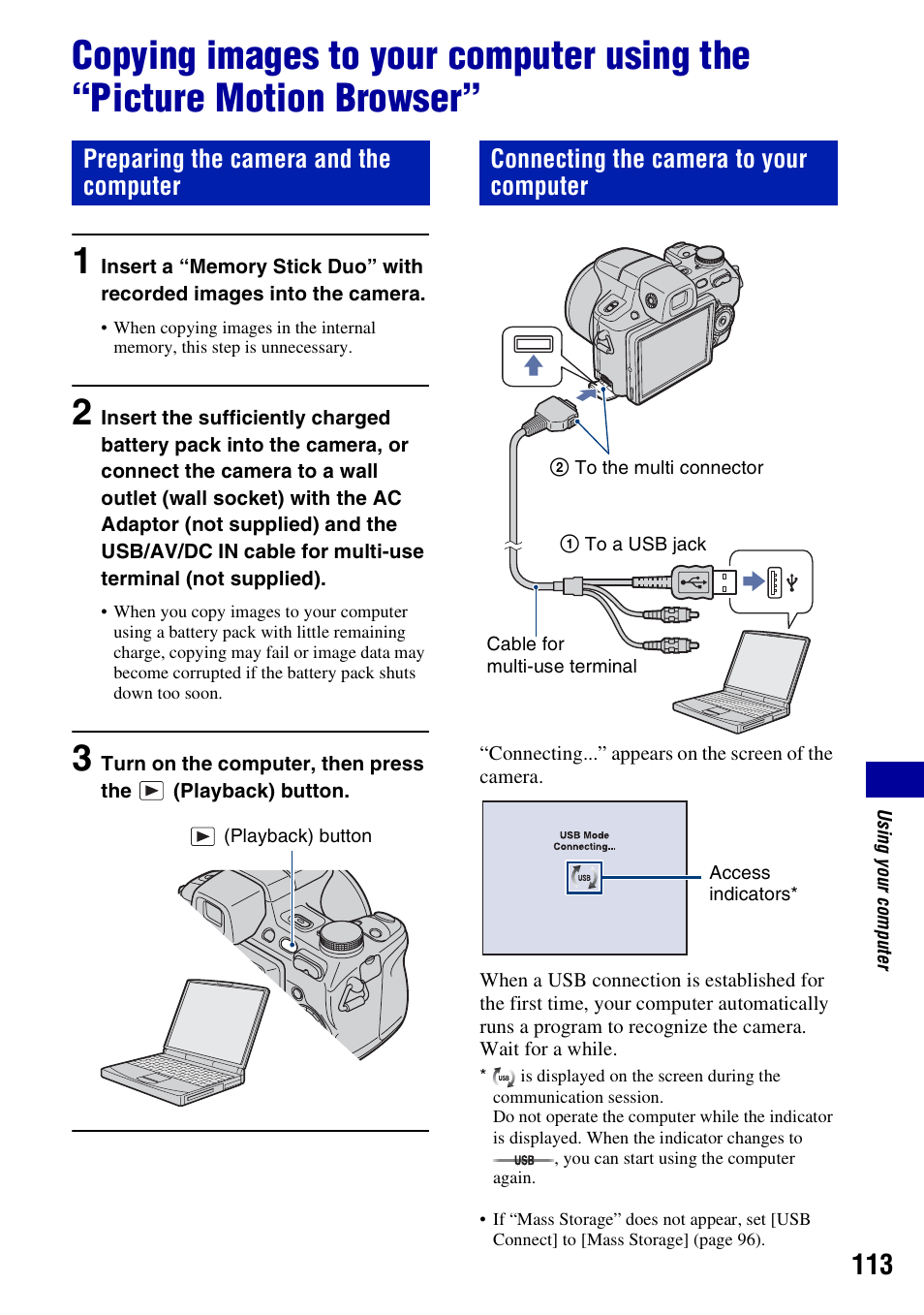 Preparing the camera and the computer, Connecting the camera to your computer | Sony DSC-H50 User Manual | Page 113 / 154