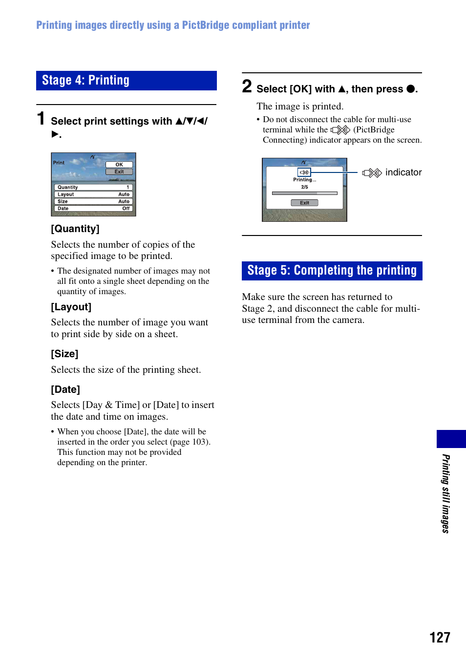 Stage 4: printing stage 5: completing the printing | Sony DSC-H50 User Manual | Page 127 / 154