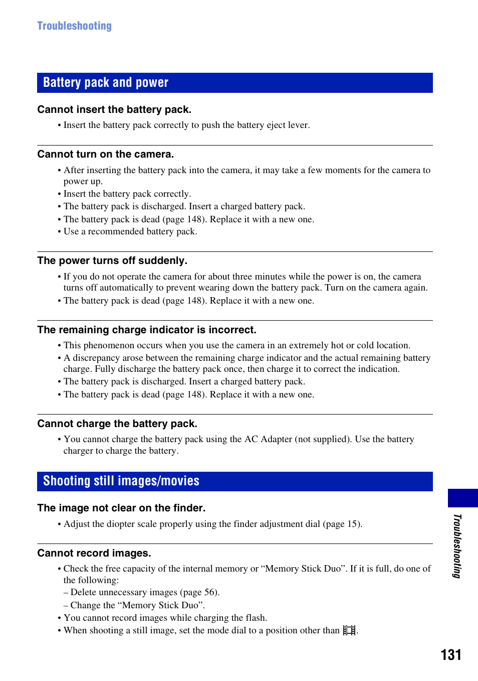 S 131 t, Battery pack and power, Shooting still images/movies | Sony DSC-H50 User Manual | Page 131 / 154