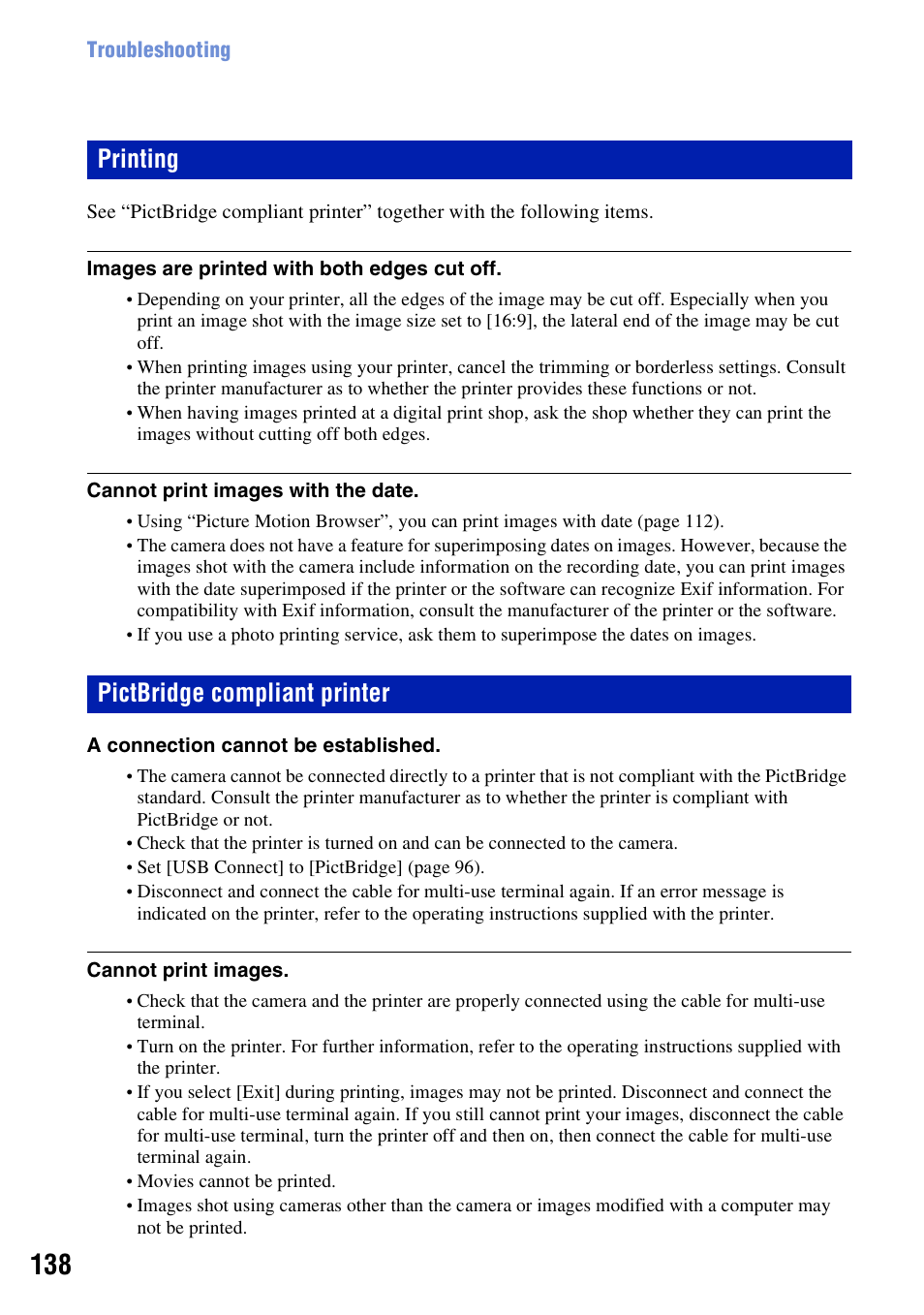 Printing, Pictbridge compliant printer, Printing pictbridge compliant printer | Sony DSC-H50 User Manual | Page 138 / 154