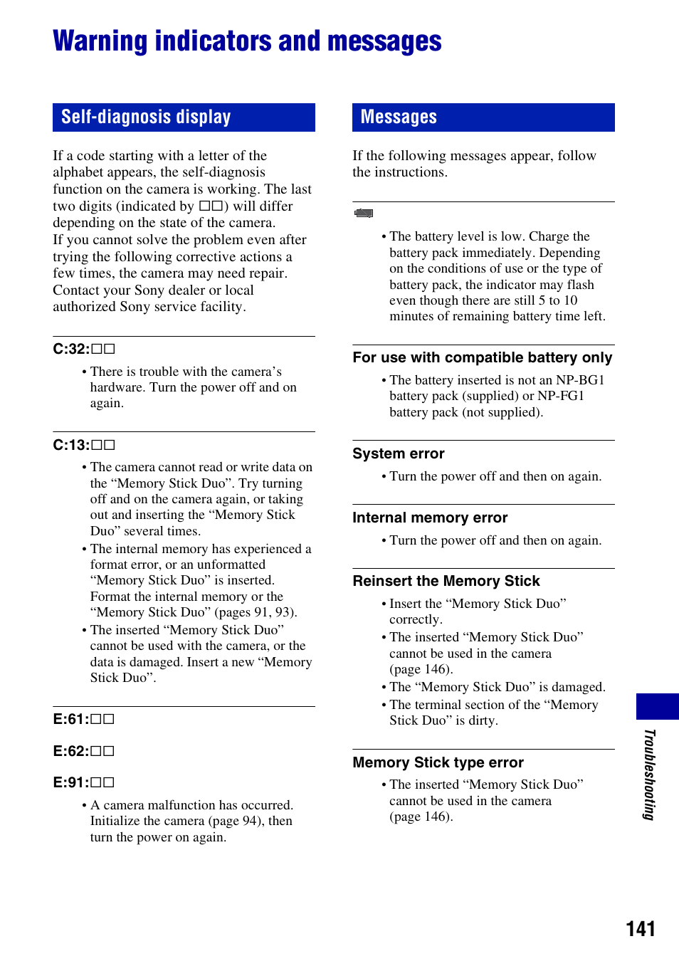 Warning indicators and messages, Ing (141), Ng (141) | Self-diagnosis display messages | Sony DSC-H50 User Manual | Page 141 / 154