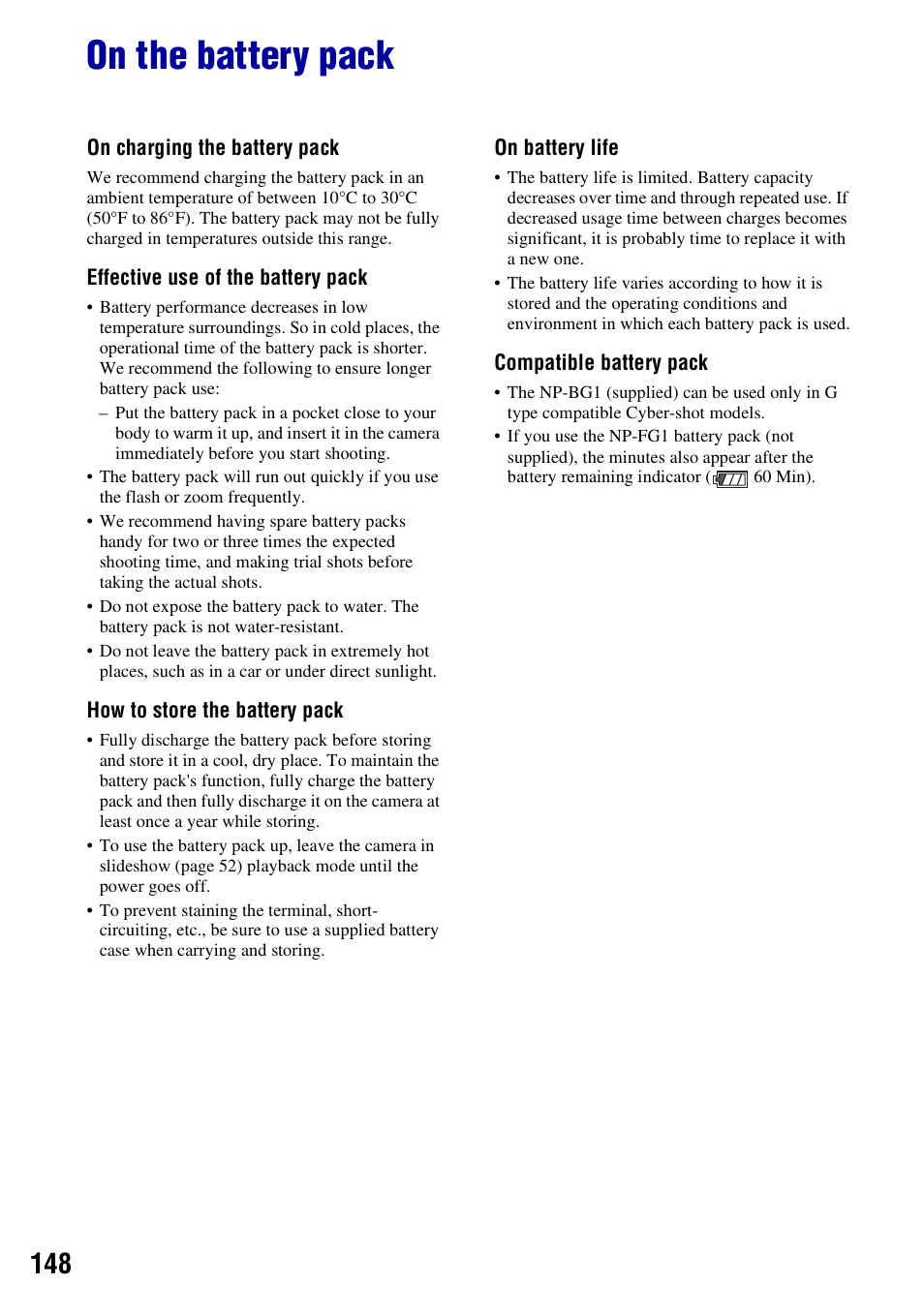 On the battery pack | Sony DSC-H50 User Manual | Page 148 / 154