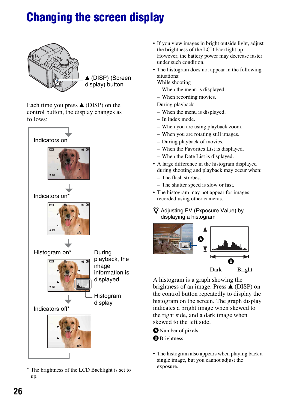 Changing the screen display | Sony DSC-H50 User Manual | Page 26 / 154