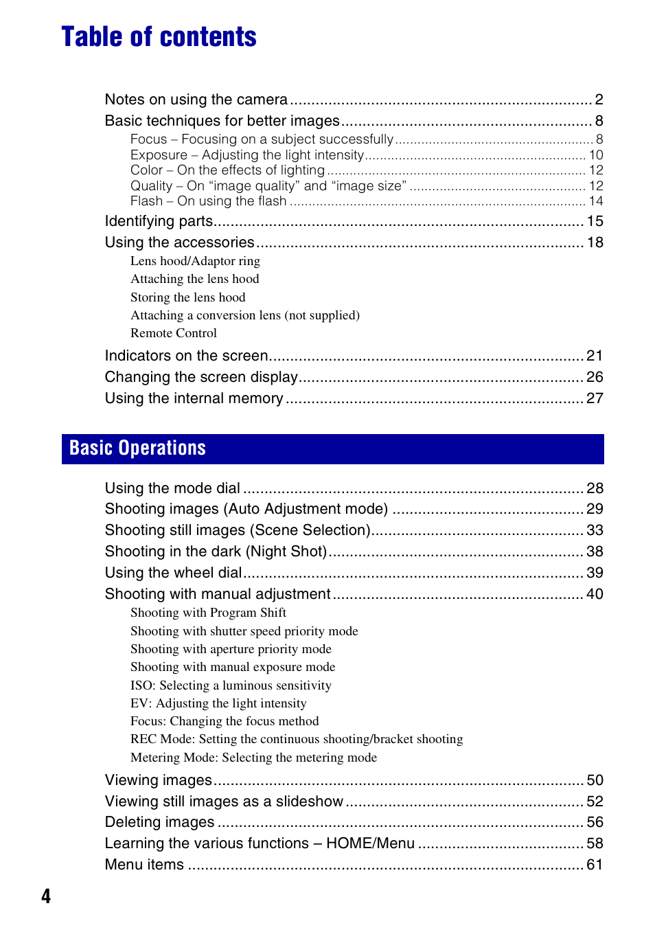 Sony DSC-H50 User Manual | Page 4 / 154