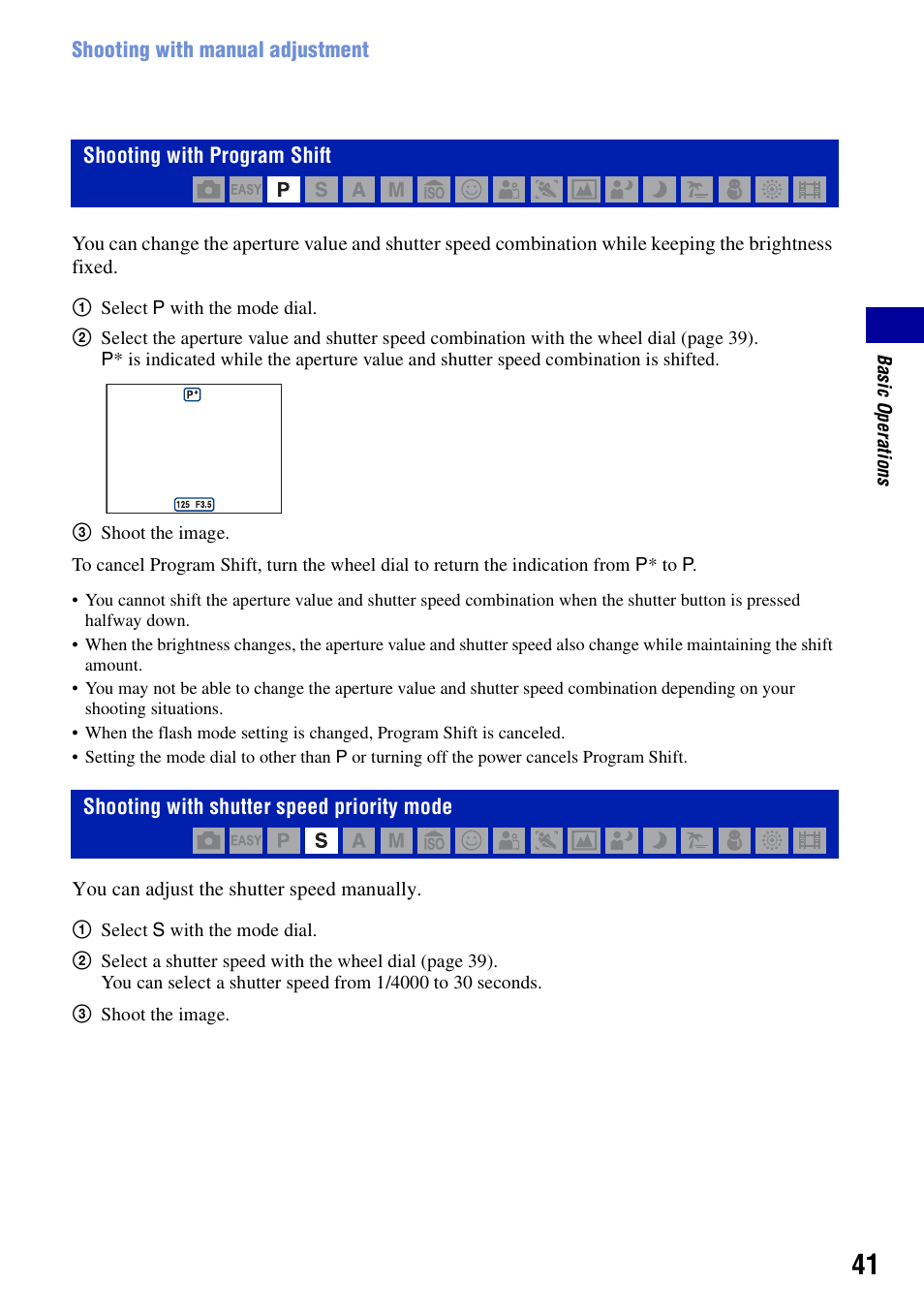 Shooting with program shift, Shooting with shutter speed priority mode | Sony DSC-H50 User Manual | Page 41 / 154