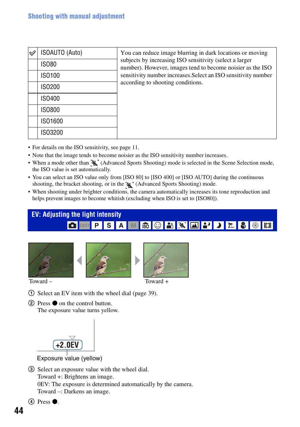 Ev: adjusting the light intensity | Sony DSC-H50 User Manual | Page 44 / 154