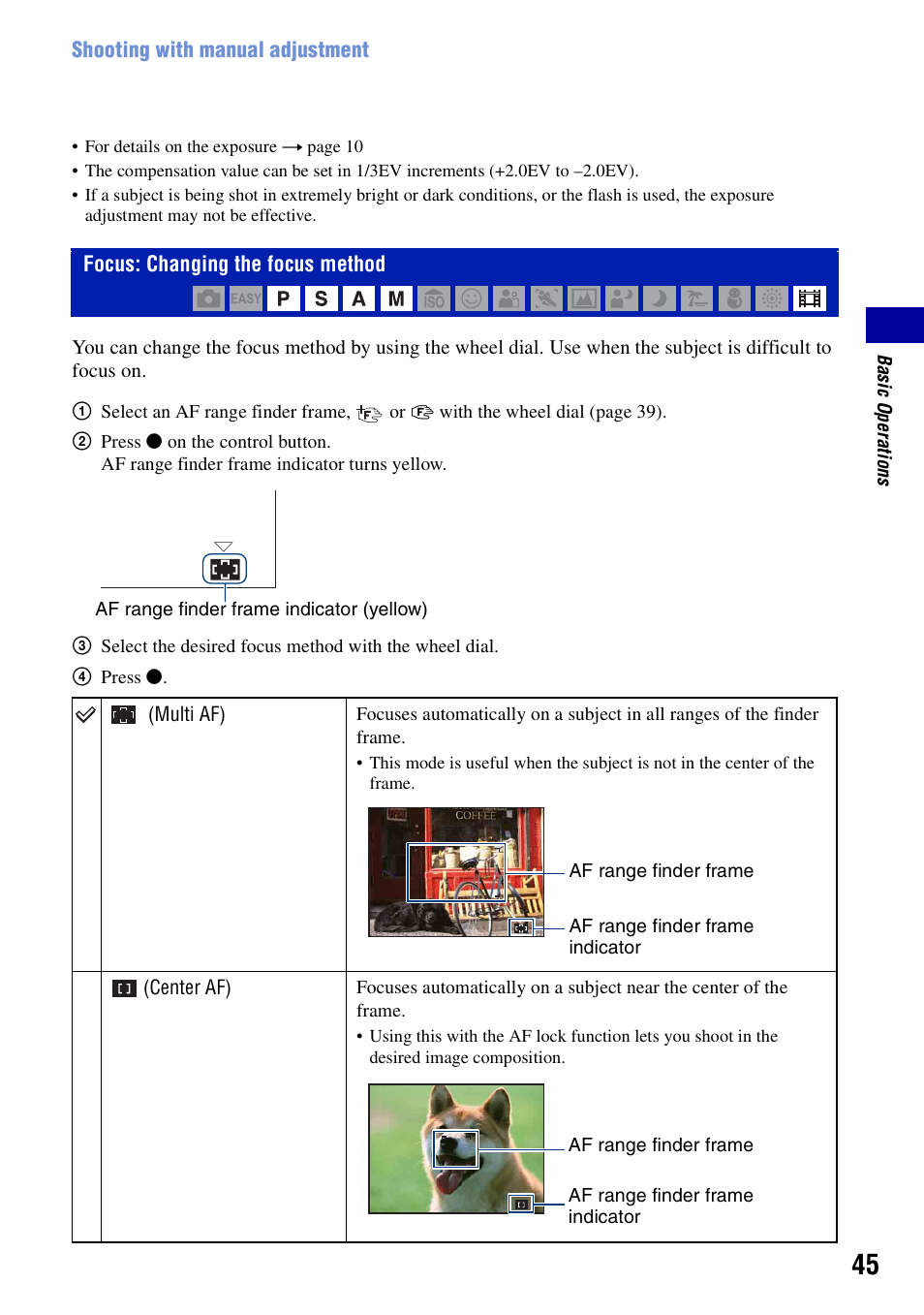 Focus: changing the focus method | Sony DSC-H50 User Manual | Page 45 / 154