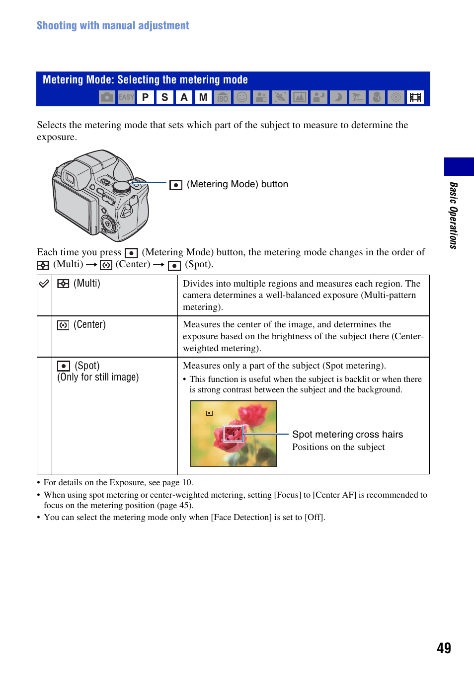 Metering mode: selecting the metering mode | Sony DSC-H50 User Manual | Page 49 / 154