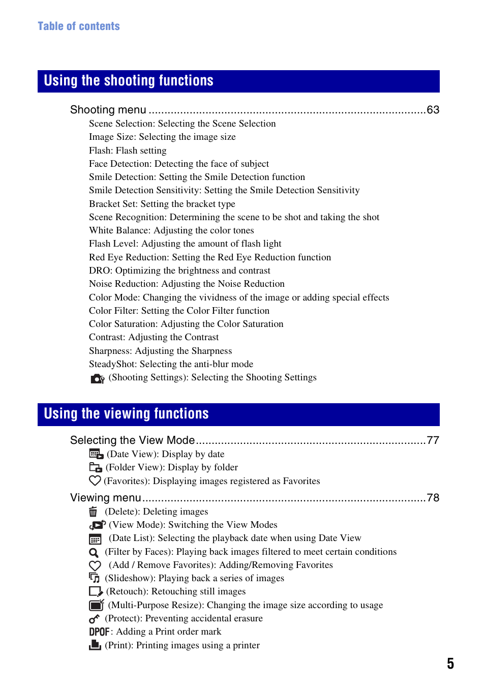 Sony DSC-H50 User Manual | Page 5 / 154