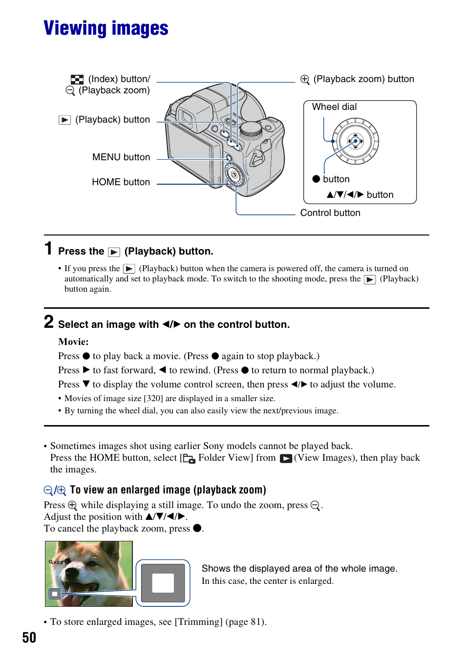 Viewing images, On (50) | Sony DSC-H50 User Manual | Page 50 / 154