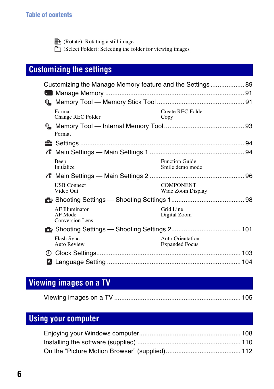 Customizing the settings, Viewing images on a tv using your computer | Sony DSC-H50 User Manual | Page 6 / 154