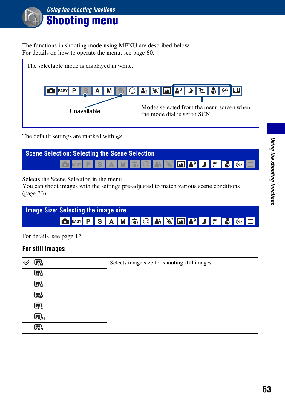 Using the shooting functions, Shooting menu, Scene selection: selecting the scene selection | Image size: selecting the image size | Sony DSC-H50 User Manual | Page 63 / 154