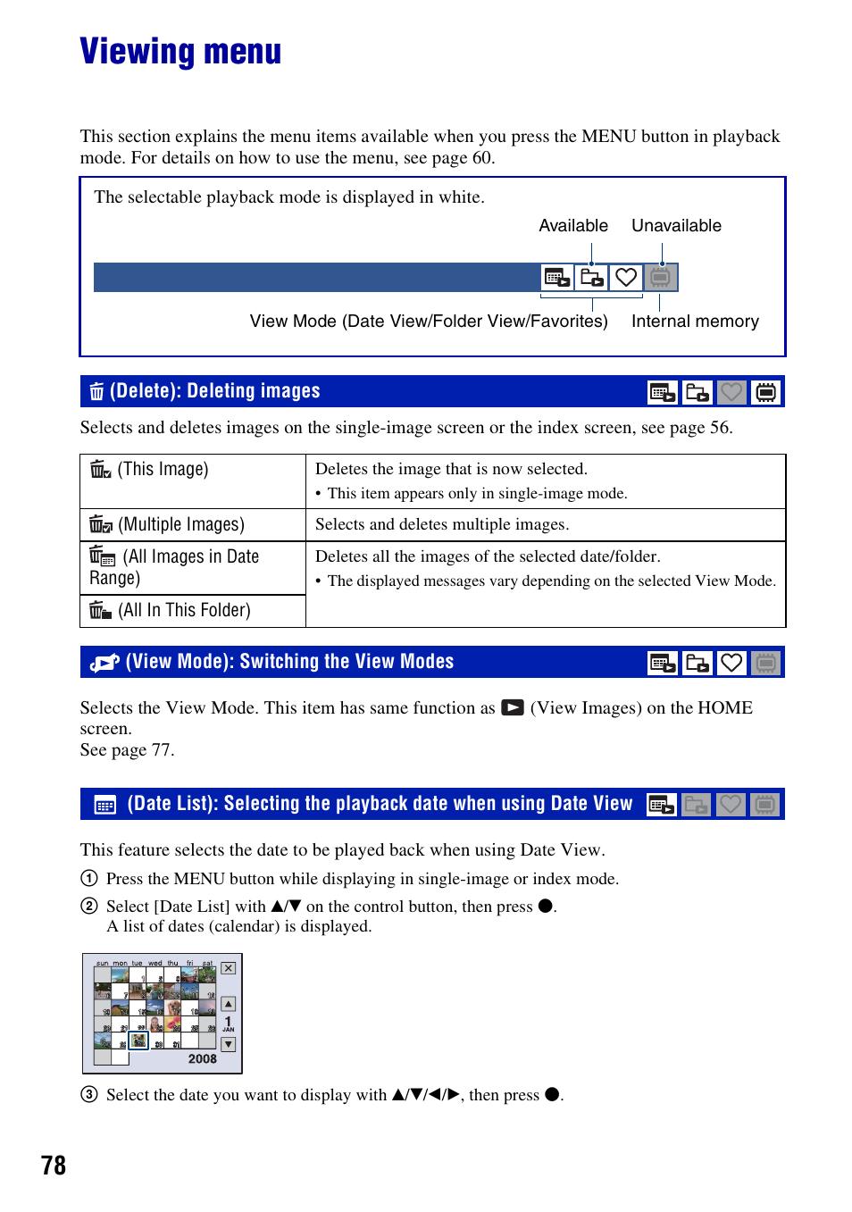 Viewing menu, Delete): deleting images, View mode): switching the view modes | Sony DSC-H50 User Manual | Page 78 / 154