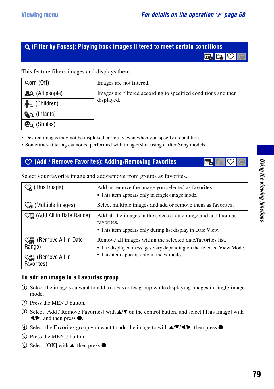 Add / remove favorites): adding/removing favorites | Sony DSC-H50 User Manual | Page 79 / 154