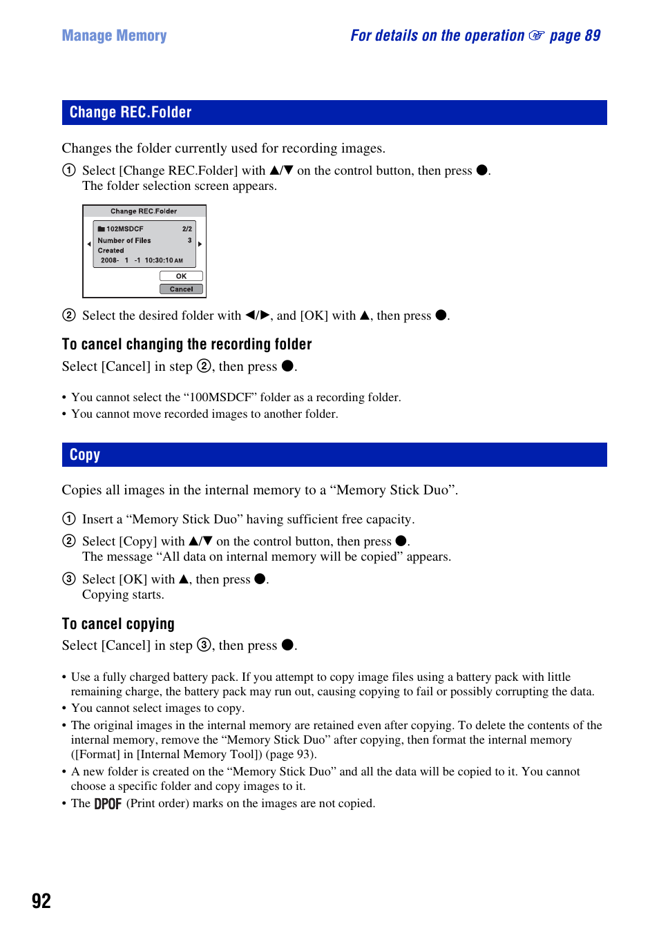 Change rec.folder, Copy | Sony DSC-H50 User Manual | Page 92 / 154