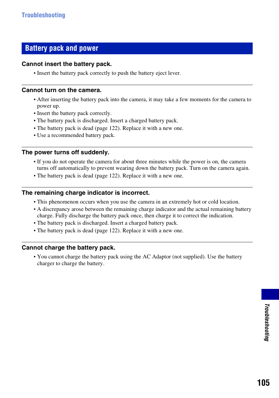 S 105 t, Battery pack and power | Sony DSC-W130 User Manual | Page 105 / 128