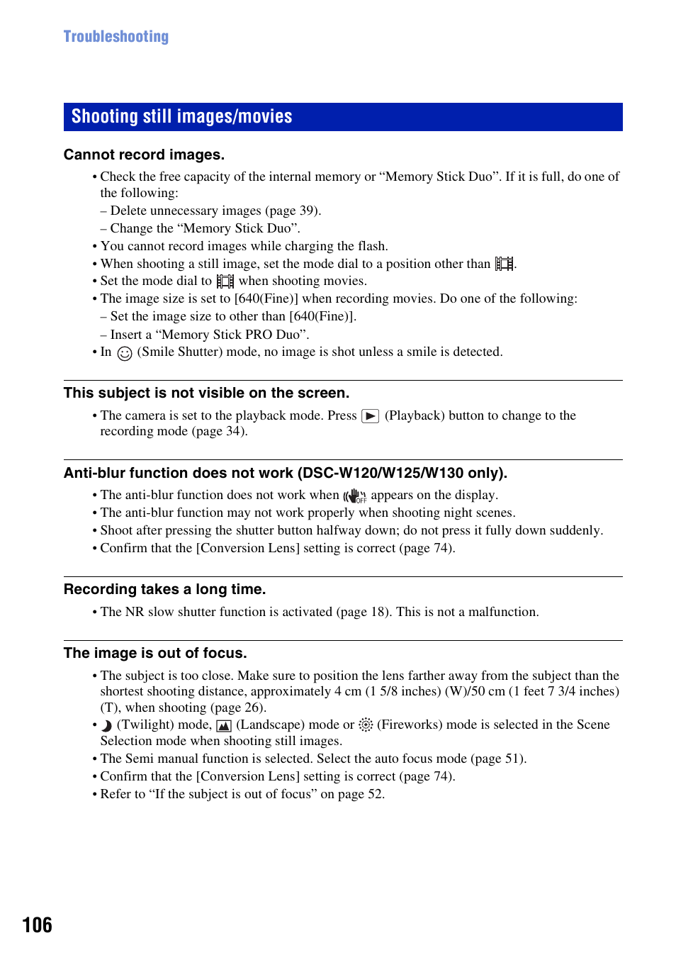 Shooting still images/movies | Sony DSC-W130 User Manual | Page 106 / 128