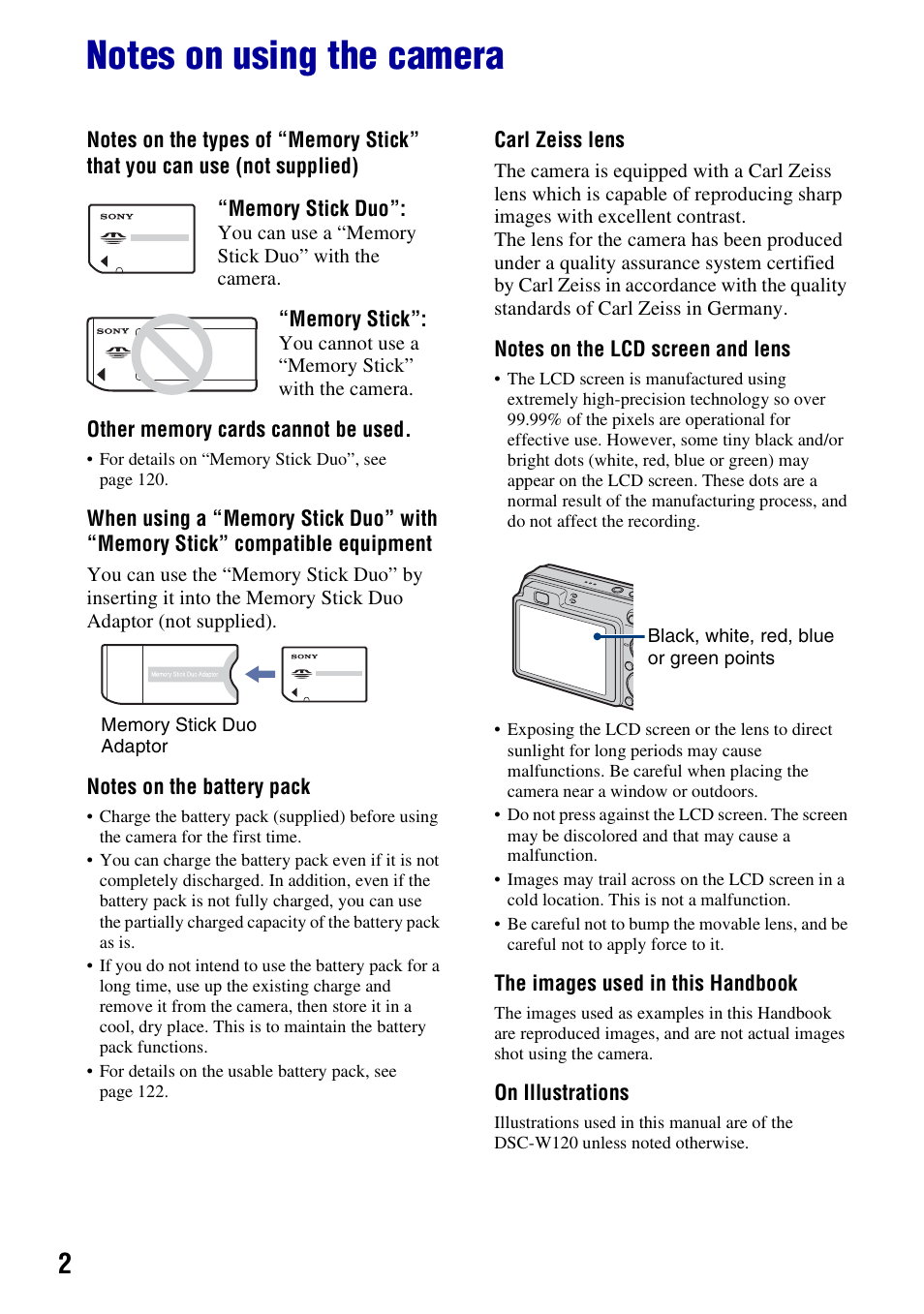 Notes on using the camera | Sony DSC-W130 User Manual | Page 2 / 128
