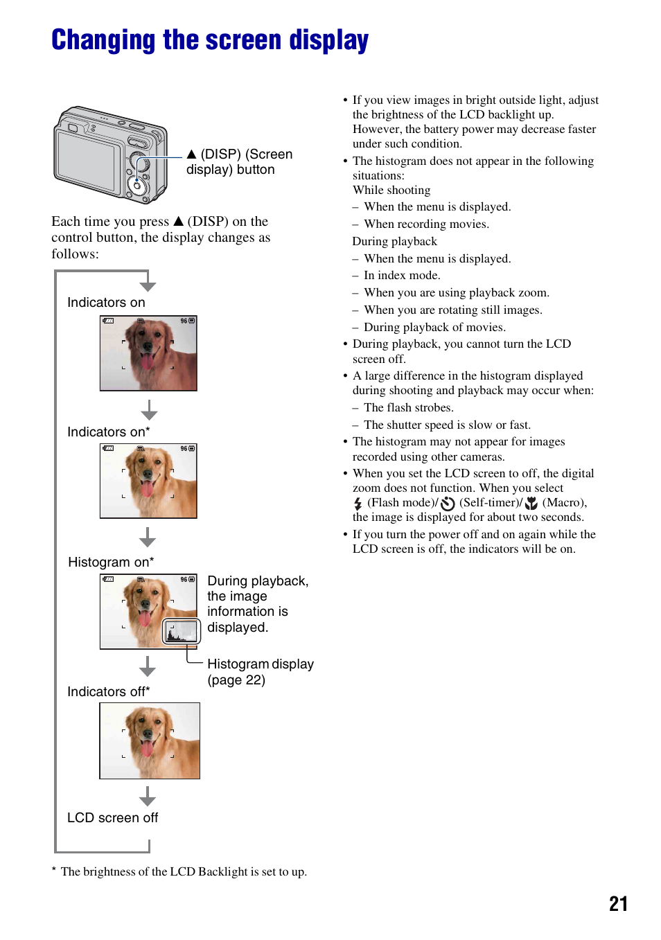 Changing the screen display | Sony DSC-W130 User Manual | Page 21 / 128