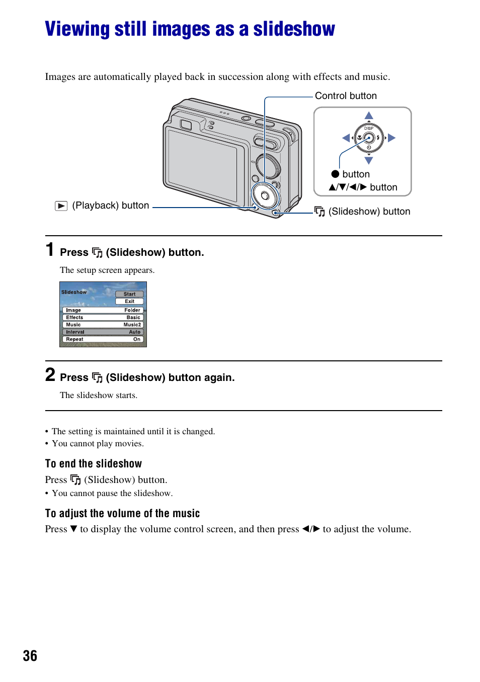 Viewing still images as a slideshow, On (36) | Sony DSC-W130 User Manual | Page 36 / 128