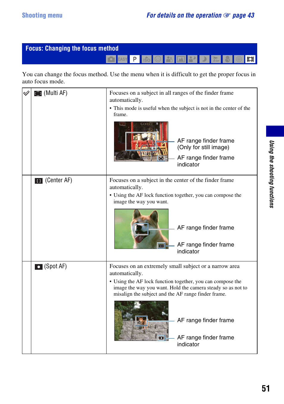 Focus: changing the focus method | Sony DSC-W130 User Manual | Page 51 / 128