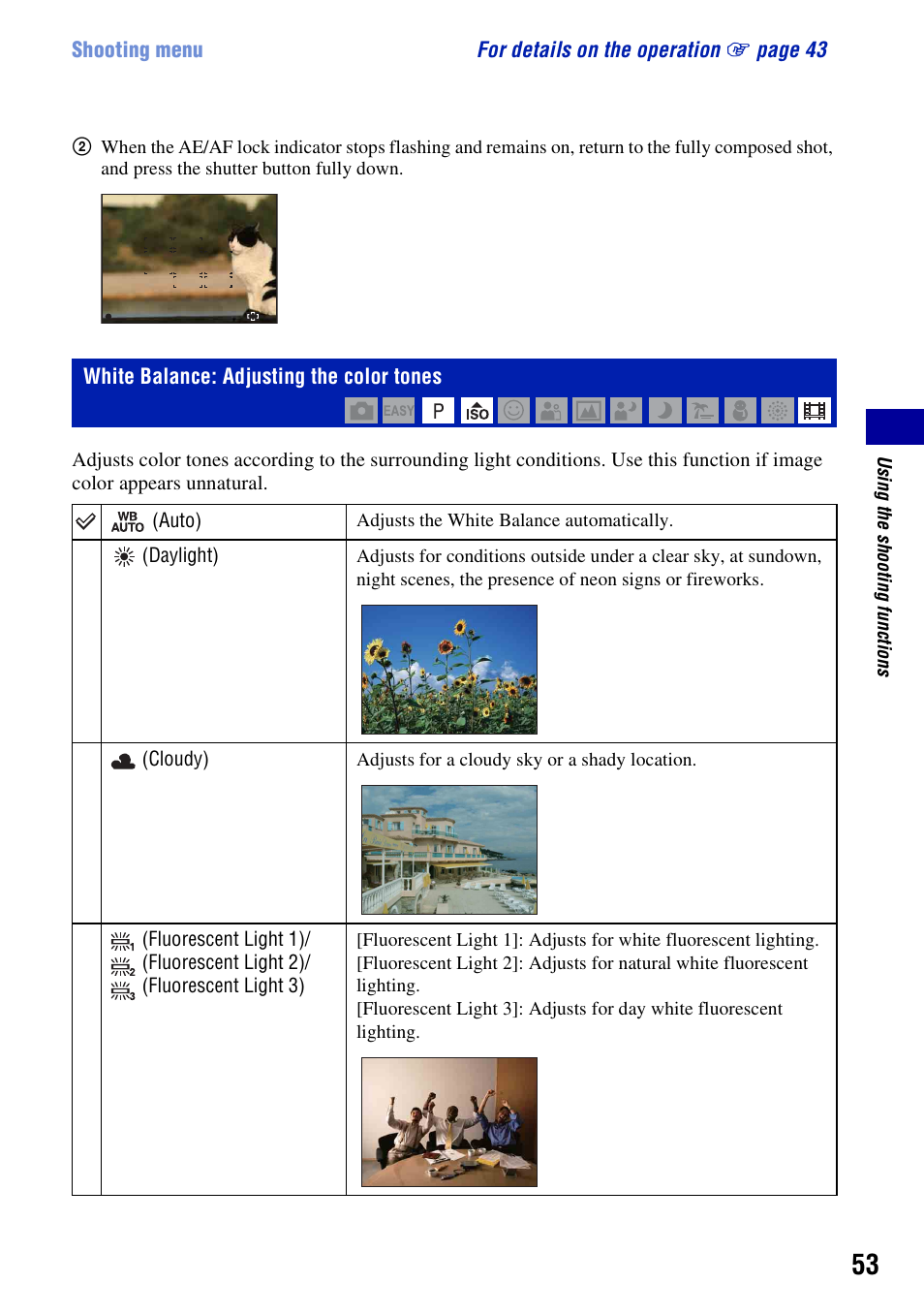 White balance: adjusting the color tones | Sony DSC-W130 User Manual | Page 53 / 128