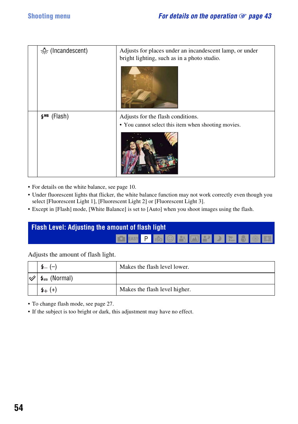 Flash level: adjusting the amount of flash light | Sony DSC-W130 User Manual | Page 54 / 128