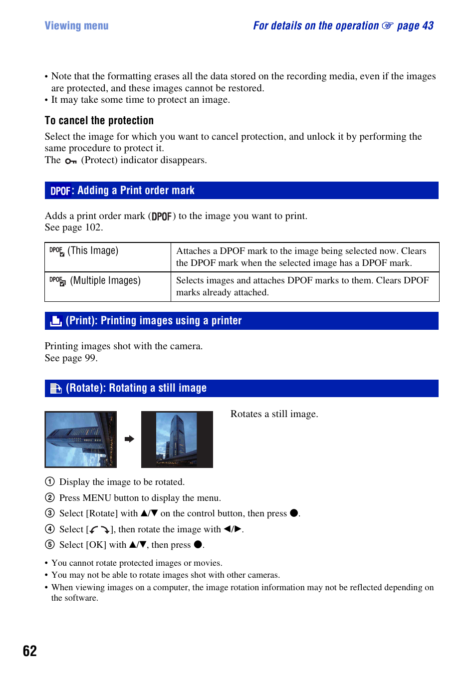 Adding a print order mark, Print): printing images using a printer, Rotate): rotating a still image | Sony DSC-W130 User Manual | Page 62 / 128