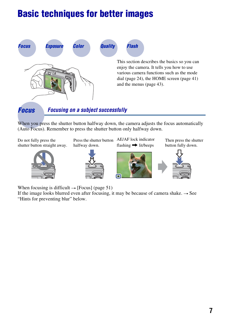 Basic techniques for better images, Focus, Focus – focusing on a subject successfully | Sony DSC-W130 User Manual | Page 7 / 128