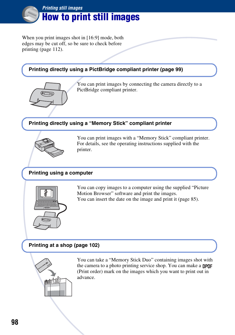 Printing still images, How to print still images | Sony DSC-W130 User Manual | Page 98 / 128