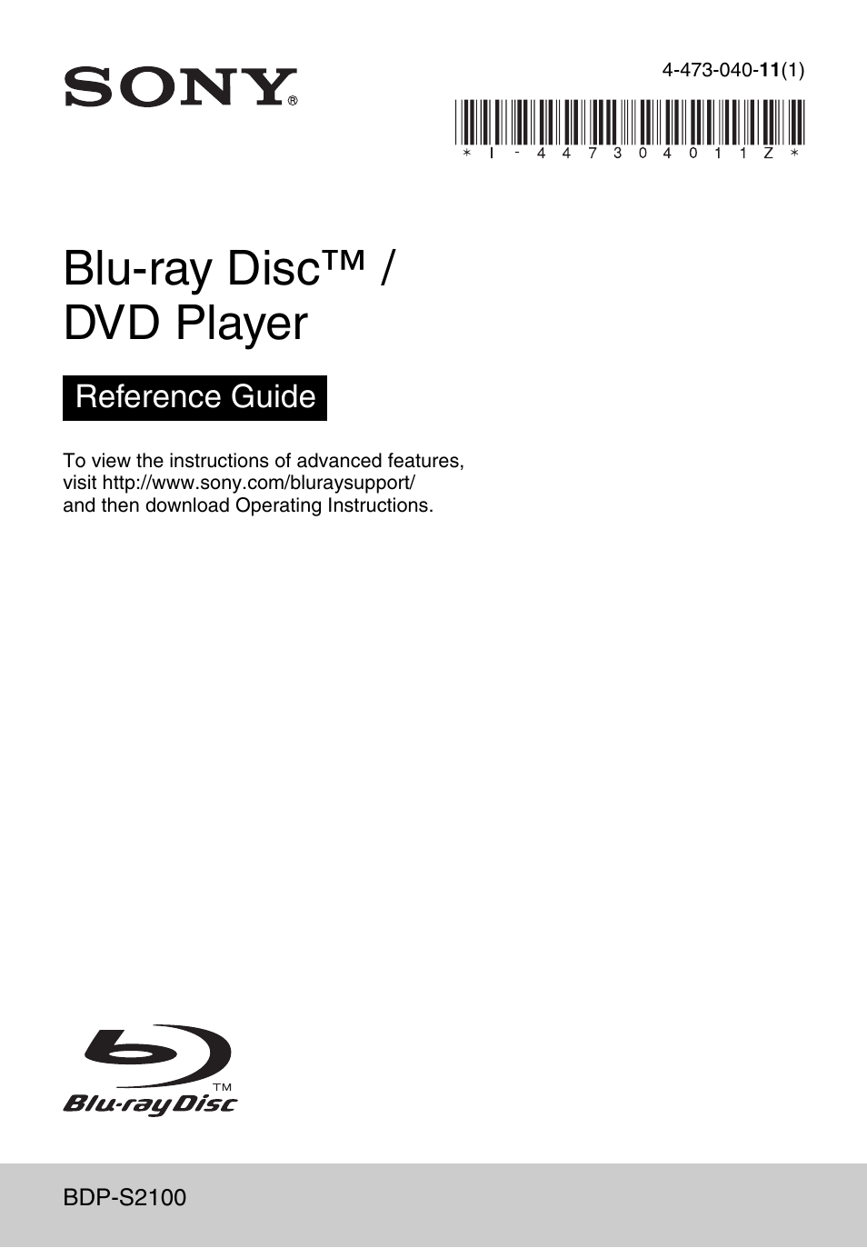 Sony BDP-S2100 User Manual | 8 pages