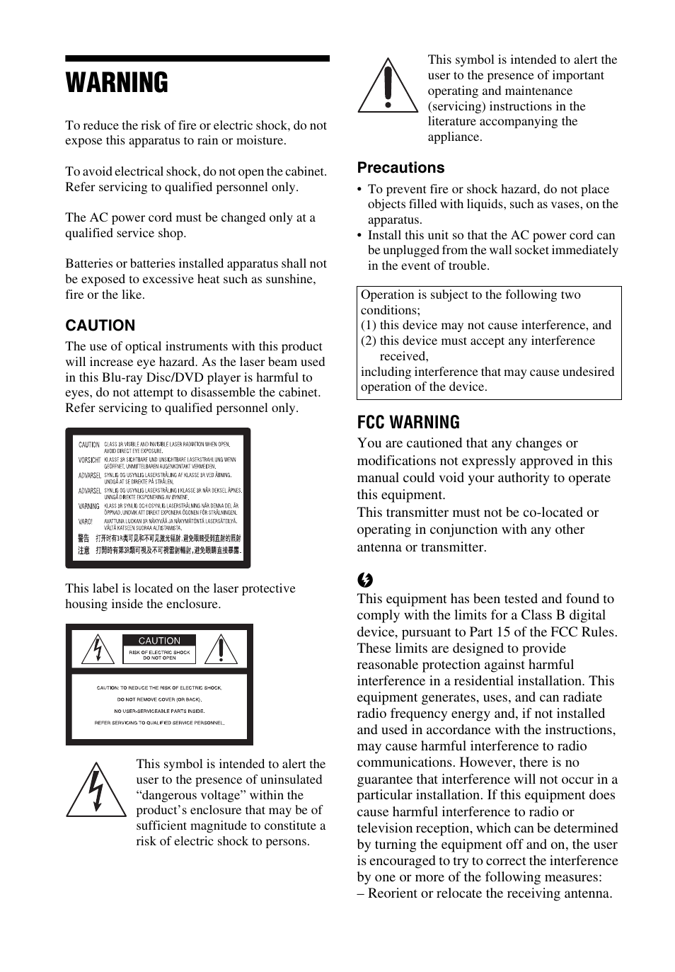 Warning, Fcc warning | Sony BDP-S2100 User Manual | Page 2 / 8