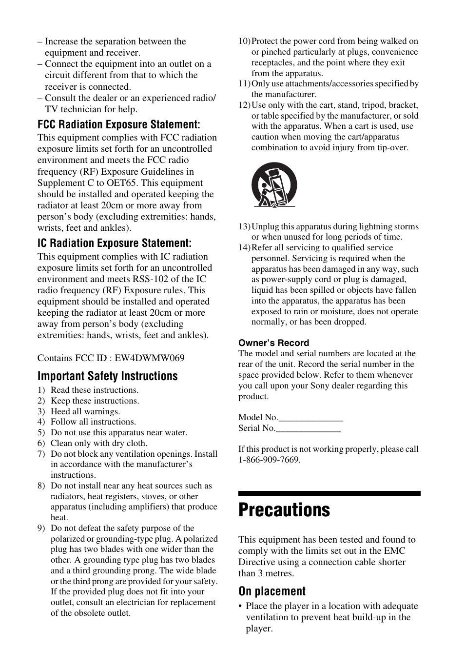 Precautions, Important safety instructions, On placement | Sony BDP-S2100 User Manual | Page 3 / 8